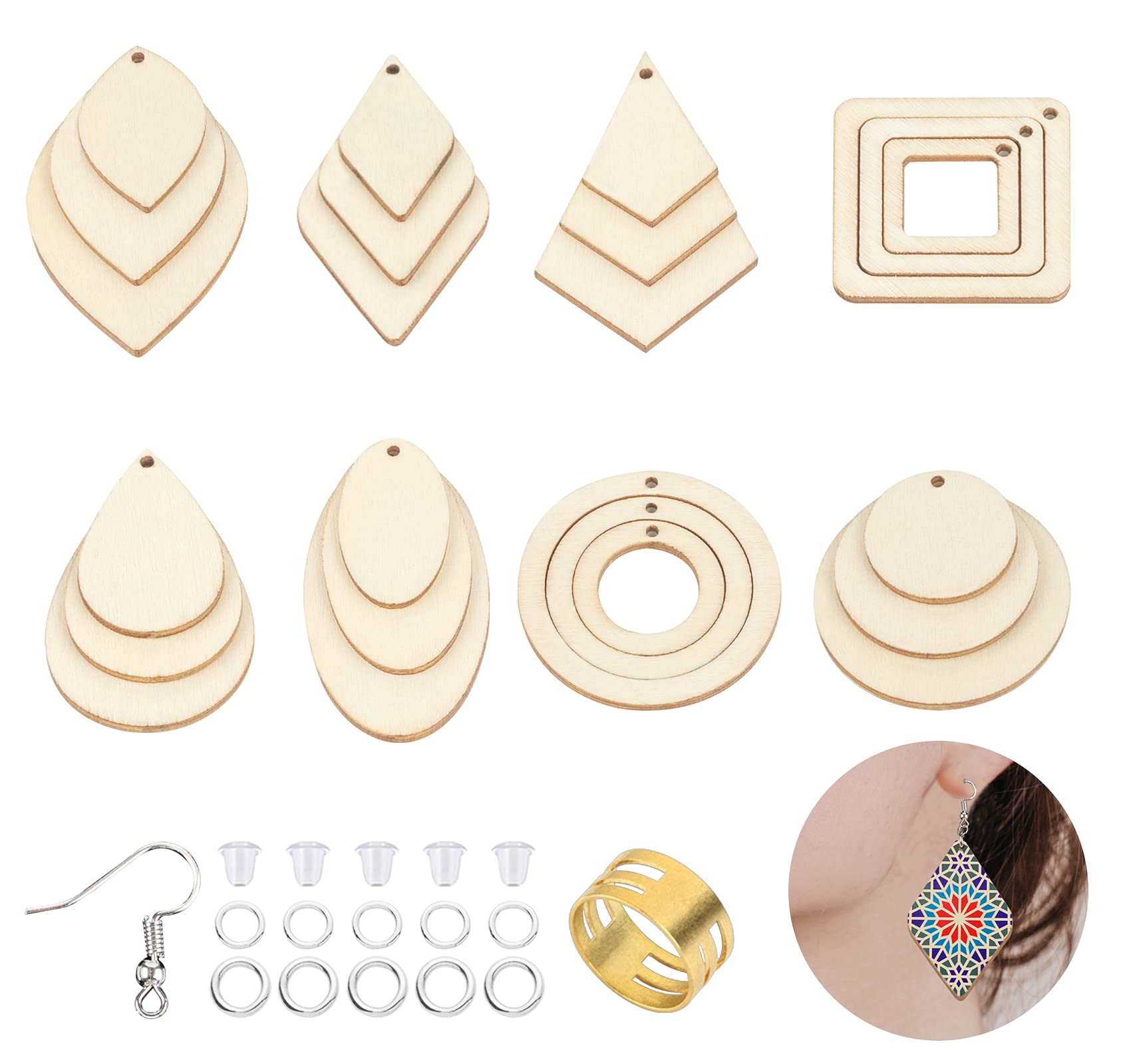 ilauke Wood Earrings Blank Unfinished Wooden Earring 64Pcs Teardrop Pendant 8 Styles Wood Earrings Supplies for Women Girls Jewelry Making Halloween Christmas DIY Earring Supplies