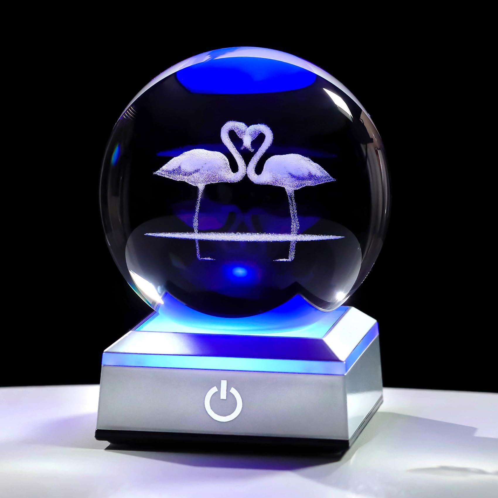 Movdyka 3D Crystal 3.15in Ball Engraved Flamingo with LED Light Base Figurine Gifts for Women, Sphere Decorative Ornaments for Room Keepsakes for Couple Wife on Valentine's Day