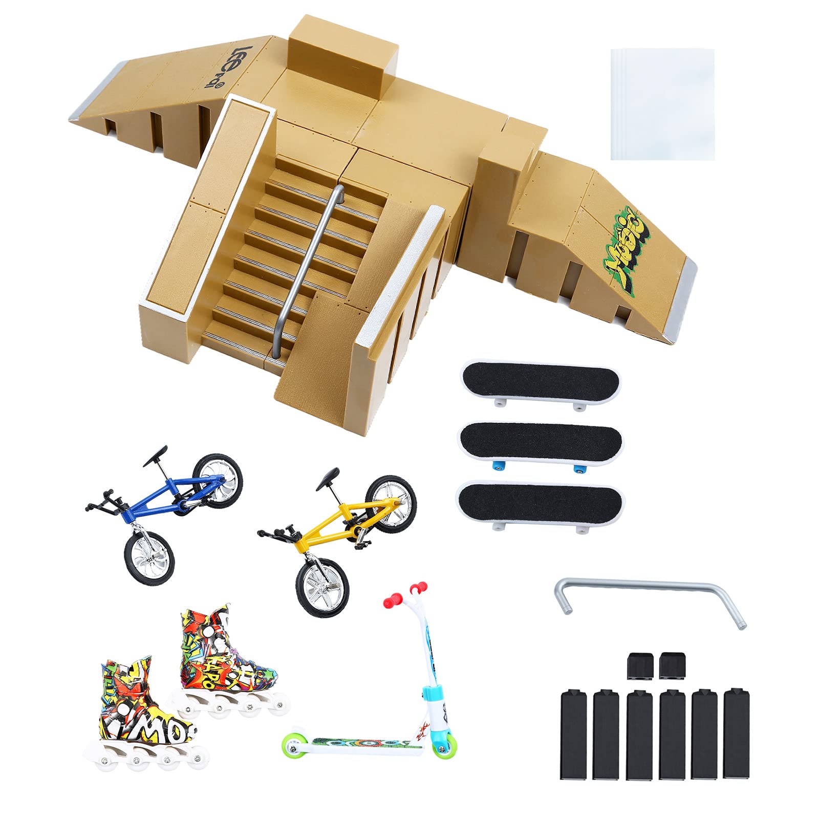 Skate Park Kit Ramp Parts for Finger Skateboard Park Kit Part Training Props with 3 Finger Decks 2 Finger Bike 1 Pair Skates and 1 Scooters