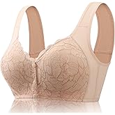 FHTECO No Underwire Lace Bras for Women Sponge Cup Front Closure Bra for Seniors Plus Size Full Coverage Bra No Wire Bras