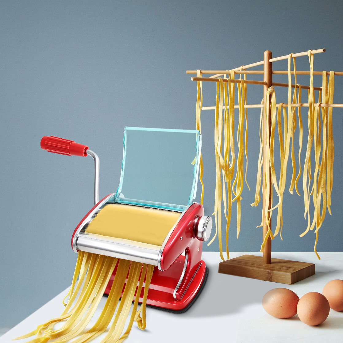 SAILNOVO Stainless Steel Noodles Machine, Red Pasta Dough Roller with Suction Base, Hand Crank and Clamp, 2 Blades for Spaghetti and Fettuccine