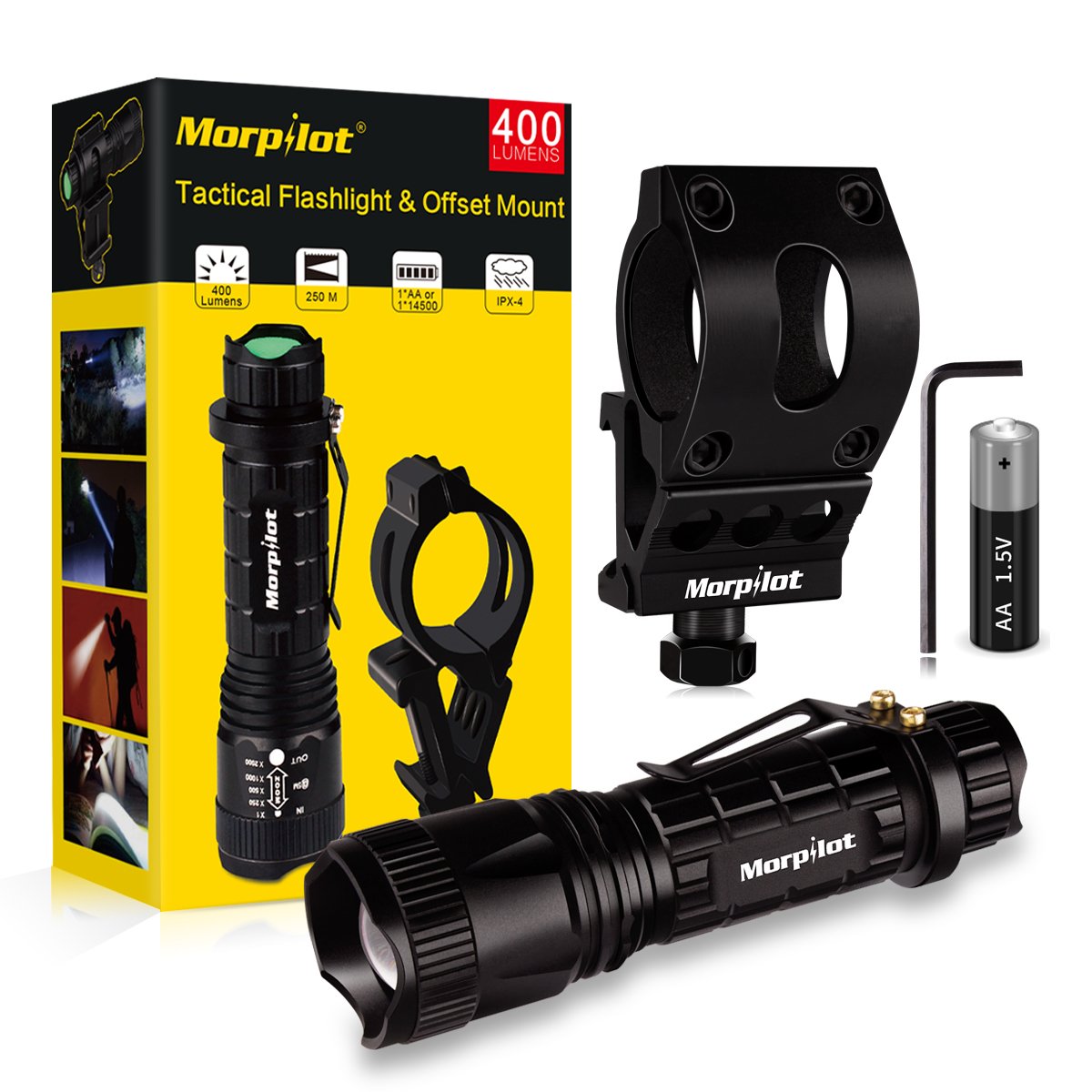 Morpilot Flashlight Mount Rail Mount Flashlight Picatinny Flashlight, 5 Modes 400LM Tactical Flashlight Offset Mount Set, Black