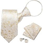 DiBanGu Silk Zipper Ties for Men,Paisley Solid Plaid Pre-tied Tie and Pocket Square Cufflinks Set Formal Adjustable Necktie