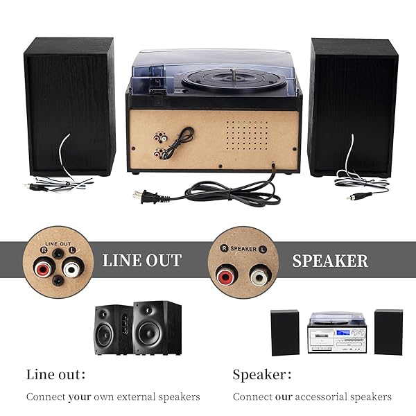 MUSITREND 10 IN 1 RECORD PLAYER WITH EXTERNAL SPEAKERS, 3 SPEEDTURNTABLE WITH AM/FM RADIO, CD & CASSETTE PLAYER, BLUETOOTH, USB/SD PLAYBACK, REMOTE CONTROL, BLACK