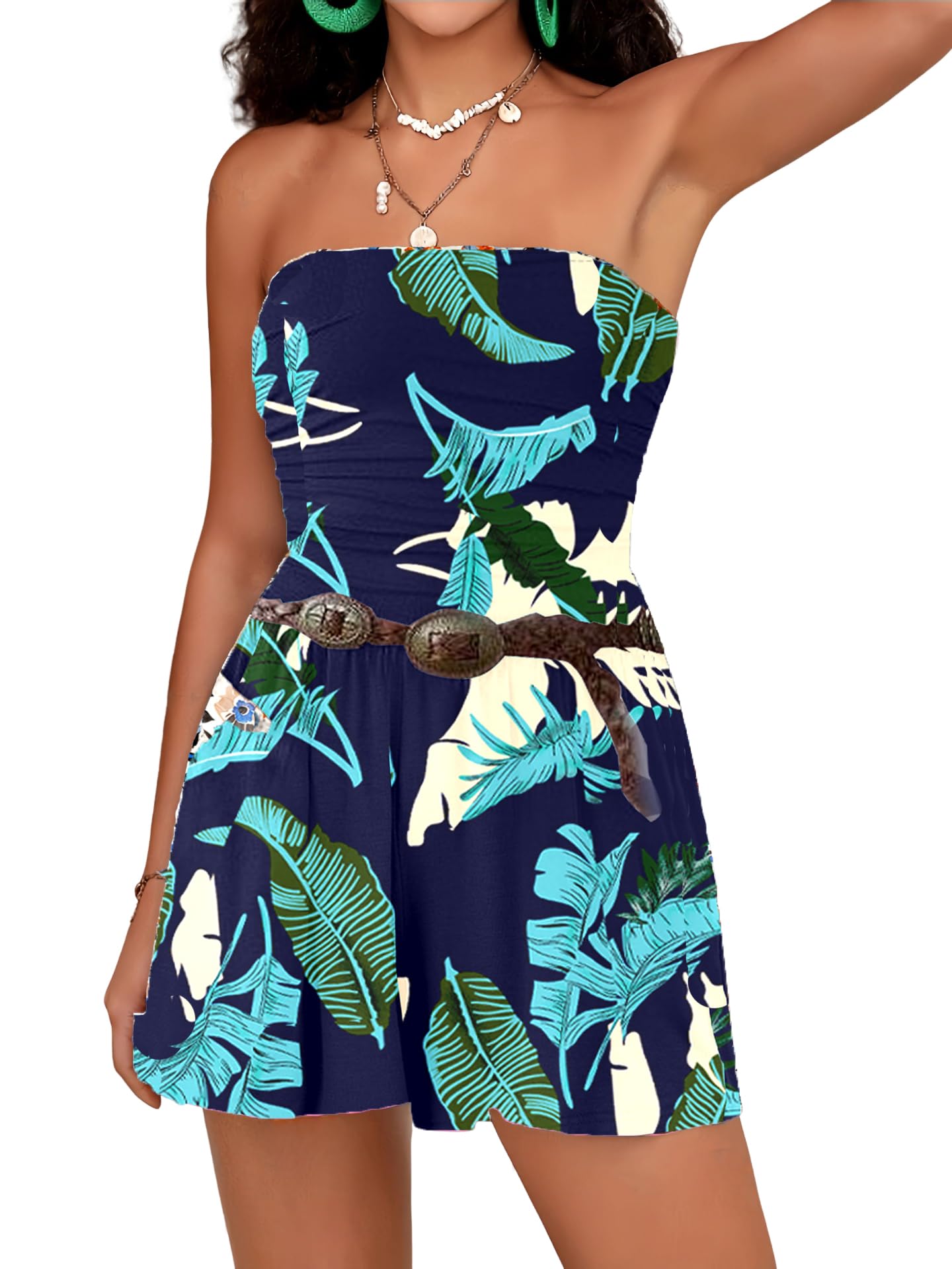 Photo 1 of STOLKISS Tube Top Rompers for Women Floral Printed Shorts Jumpsuits Sleeveless Off Shoulder One Piece Vacation Beach Rompers