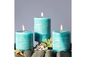 FLAVCHARM Pillar Candles Ocean Breeze Scented 3x4 inch Green Layered Coastal Decoration Clean Burning Long-Lasting Candles for Home Party Room Ocean Bathroom Decor - 3 Pack