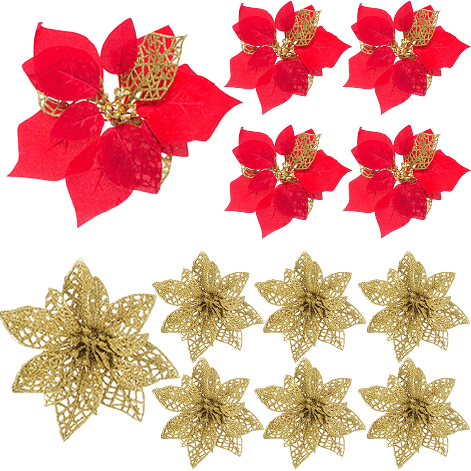 Choonshow 24 Pcs Poinsettia Flowers Set - 2 Sizes Artificial Christmas Flowers with Clips for Xmas Tree, Wreath Decor Decorator-Grade Xmas Decorations for Home, Red Gold