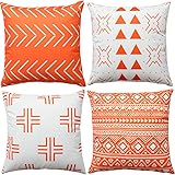 WLNUI Set of 4 Orange Boho Modern Pillow Covers 16x16 Inch Square Farmhouse Throw Pillow Covers Geometric Mudcloth Linen Neut