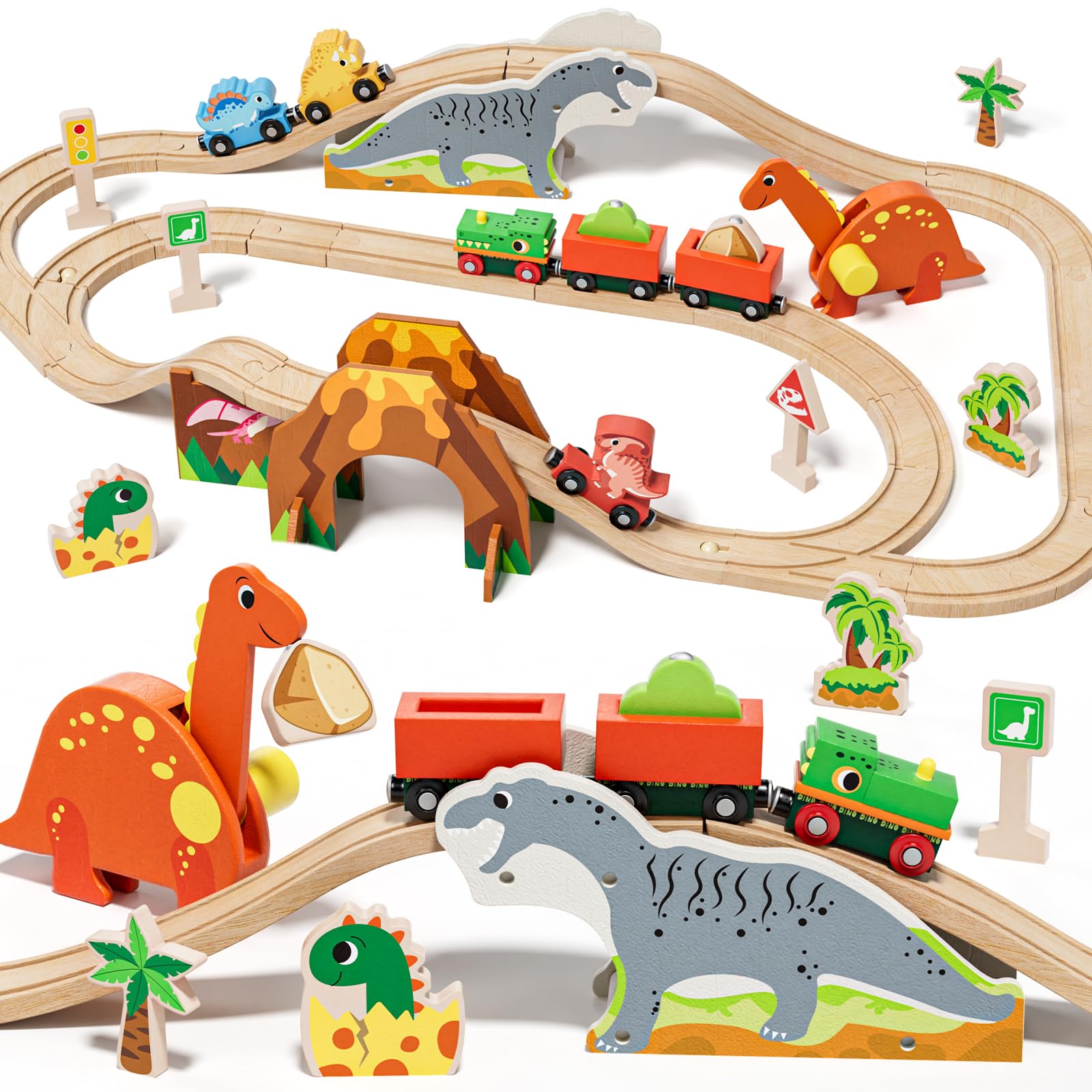 Photo 1 of Lehoo Castle Wooden Train Set, Dinosaur Wooden Train Track Set, Wood Toy Train Set for Toddlers 2-4, Train Toys for Toddlers 3-5, Fits Thomas, Fits Brio, Fits Melissa and Doug