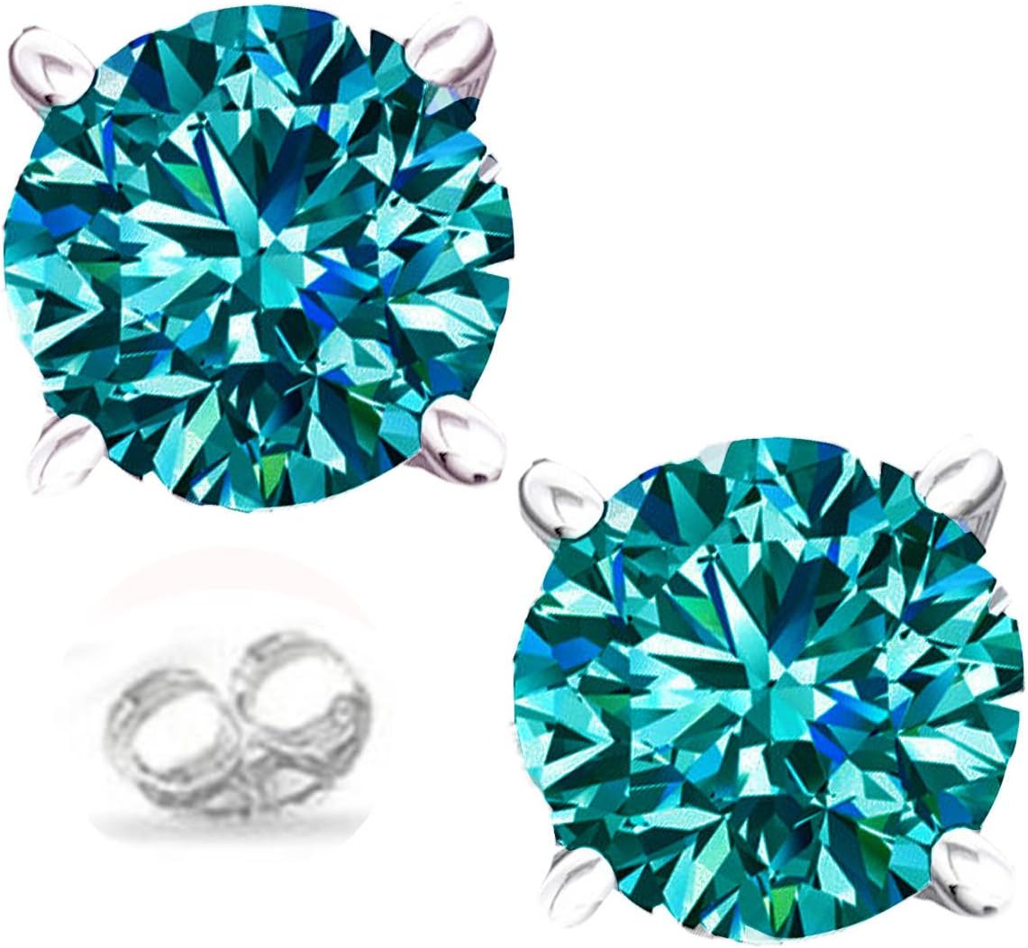 RINGJEWEL Silver Plated Round Real Moissanite Stud Earrings (2.10 Ct,Blue Green Color,VVS1 Clarity)