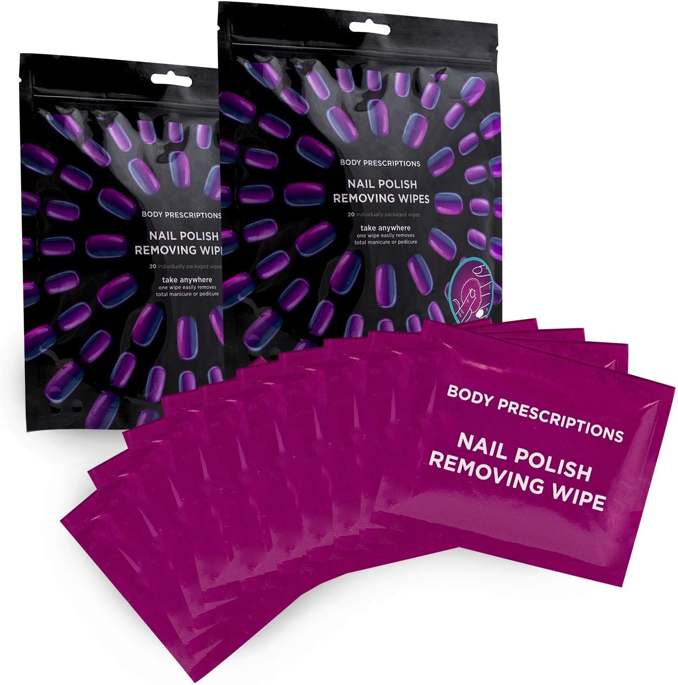 40 Nail Polish Remover Wipes - 2 pack (20 Count Each) of Nail Polish Remover Wipes Individually Wrapped by Body Prescriptions (Purple Packaging)