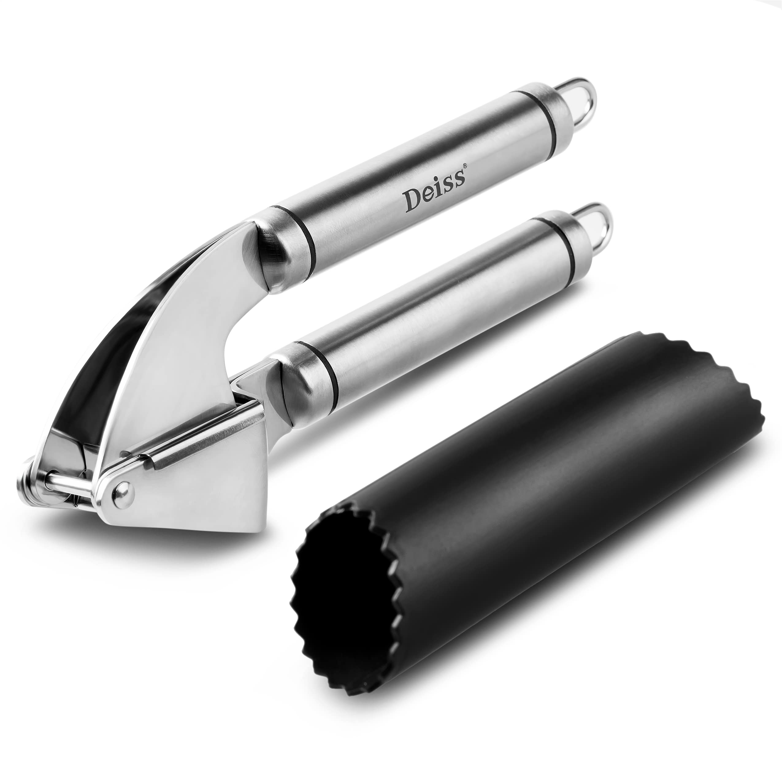 Deiss PRO Garlic Press and Silicone Peeler Set - Stainless Steel Garlic Mincer and FDA Silicone Peeler - Dishwasher Safe