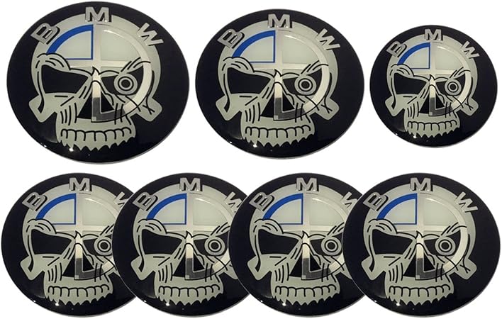 Amazon Generic Evilスケルトンスカルヘッドラウンドエンブレムロゴホワイトバッジセット7pcsセット Mmフード 73 Mmトランク 68 Mmホイールキャップ 44 Mmステアリングエンブレムbmw車 エンブレム 車 バイク