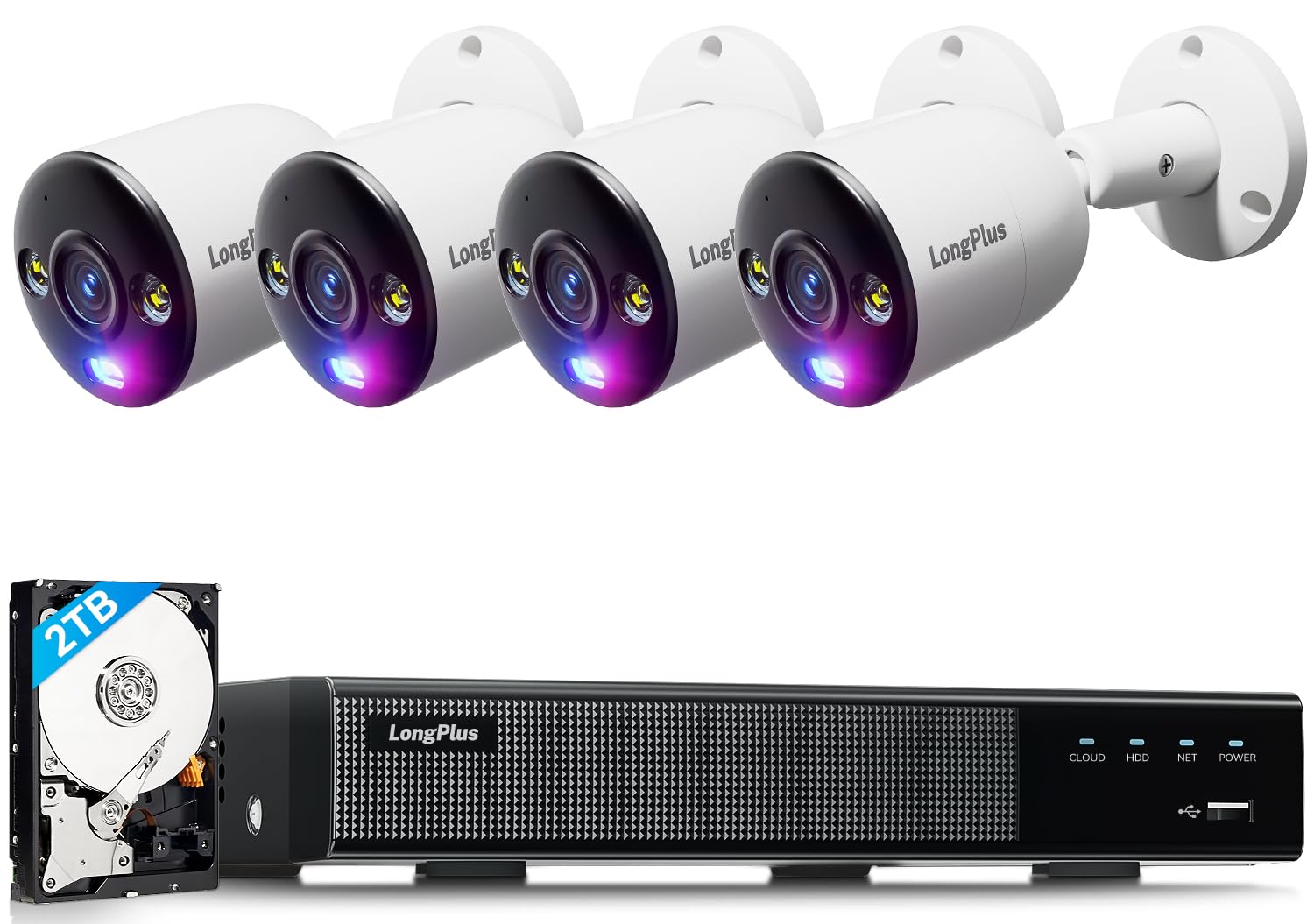 Photo 1 of LongPlus 4k Security Camera System, 8CH NVR Wired Home Security Camera System Outdoor, 4 PoE IP Cameras, LED Spotlights Color Night Vision, 2.8mm Lens, 132° Angle, LED Flash Alarm Lights, with 2TB HDD