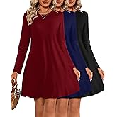 Huukeay 3 Pack Women's T Shirt Dresses, Long Sleeve Crew Neck Tunic Dresses Casual Loose Plain Dress Basic Swing Flowy Dress