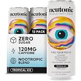 Neutonic Nootropic Productivity Energy Drink | Tropical Ice 12 Cans | 120mg Natural Caffeine, Zero Sugar | Support Memory, Mental Clarity, Cognitive Function | Boost Focus, Energy, Brain Health