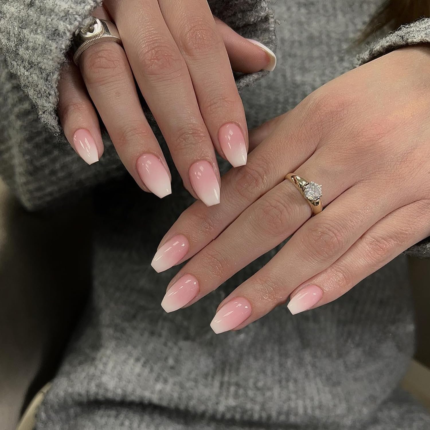 Photo 1 of KQueenest French Ombre Pink Press on Nails Medium Short Coffin, Gradient White Pink Fake Nails Nails Press ons, Short Ballerina Glue on Nails Natural Fit Acrylic Nails False Nails For Women 24 Pcs