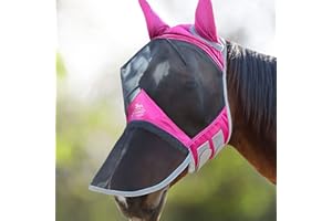 Harrison Howard CareMaster Pro Luminous Horse Fly Mask Large Eye Space Long Nose with Ears UV Protection for Horse Flamingo (L; Full Size)