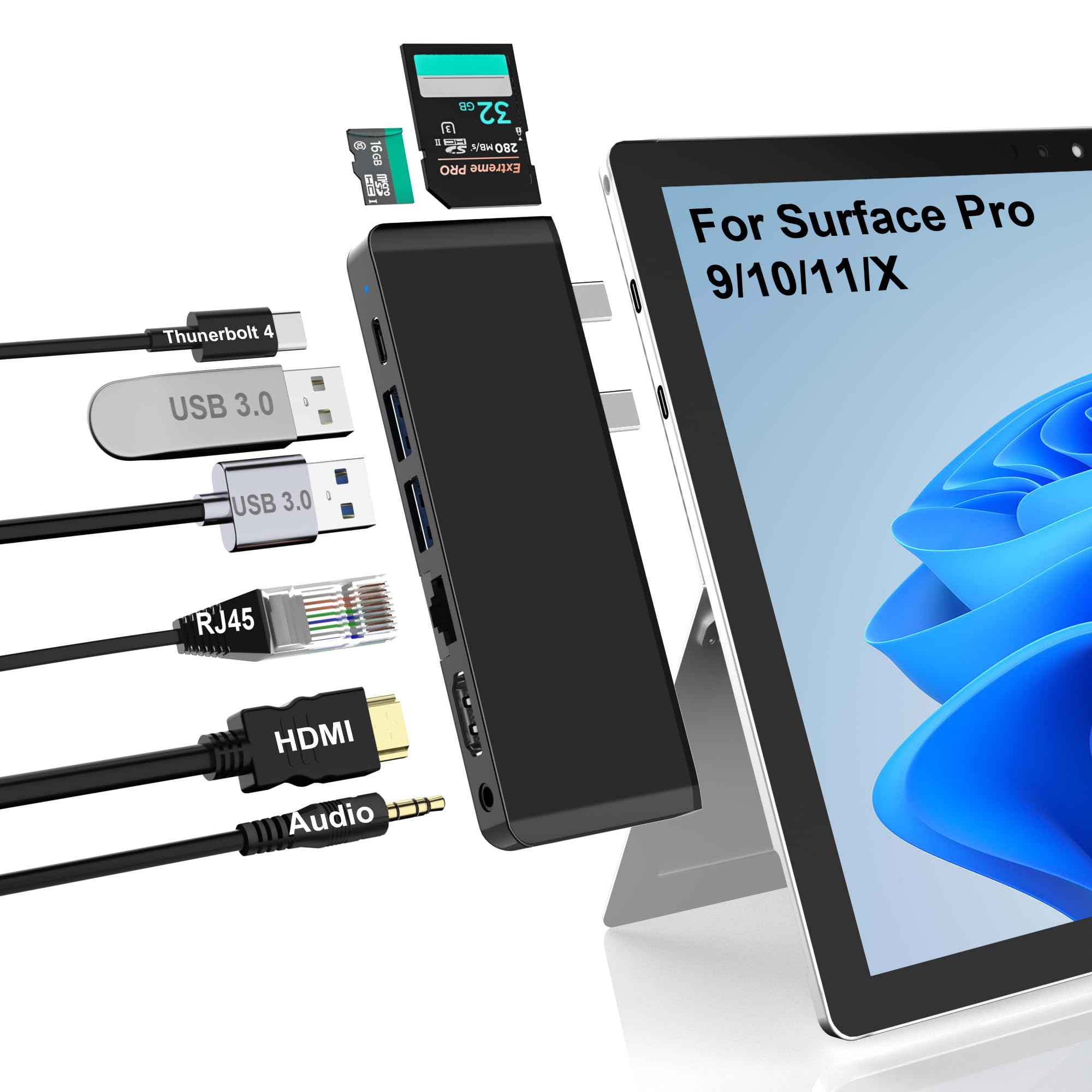Surface Pro 9/10/11/X Docking Station with 4K HDMI, USB-C Thunderbolt 4 (8K@30Hz Video+40G Data+100W PD), 100M RJ45, 2 USB 3.0, SD/TF Card Slot, 3.5mm Audio, Triple Display for Surface Pro 9/10/11/X