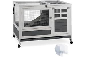 AniwuPaws Rabbit Hutch Indoor with Urine Guards/Netting Floor, Rabbit Cage on Wheels/Chew Proof/Tray, Guinea Pig Cages with Doors, Wooden Bunny House for Small Animal 37" L*21.2" W*28" H, White/Grey