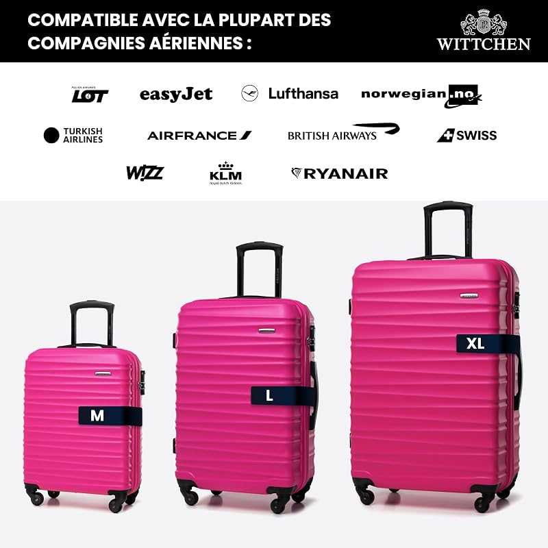 Valise Grande Taille Valise de Voyage à roulettes Coque Rigide ABS 4 roulettes Spinner Serrure à Combinaison Poignée télescopique Groove Line Taille XL Rose Air France/Easyjet/Ryanair