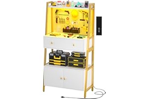 Cyclysio Small Workbench with Pegboard, Garage Table with LED Light & Power Outlets, Work Bench with Drawer, Workstation with Storage Cabinet and 6 Hooks, White