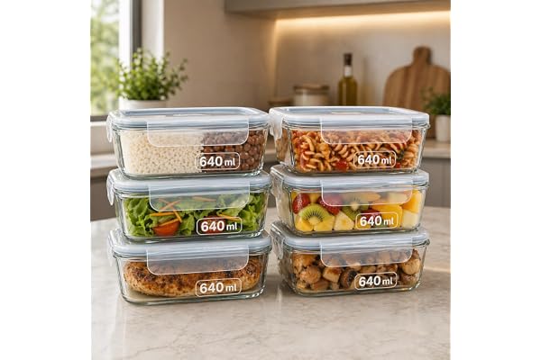 Kit 6 Potes Vidro Borossilicato 640ml Marmita Tampa Hermética Resistente | Freezer e Micro-ondas, Vedação sem Vazamentos, Tampa com Trava Firme, Organização de Cozinha, Resistente a Temperatura