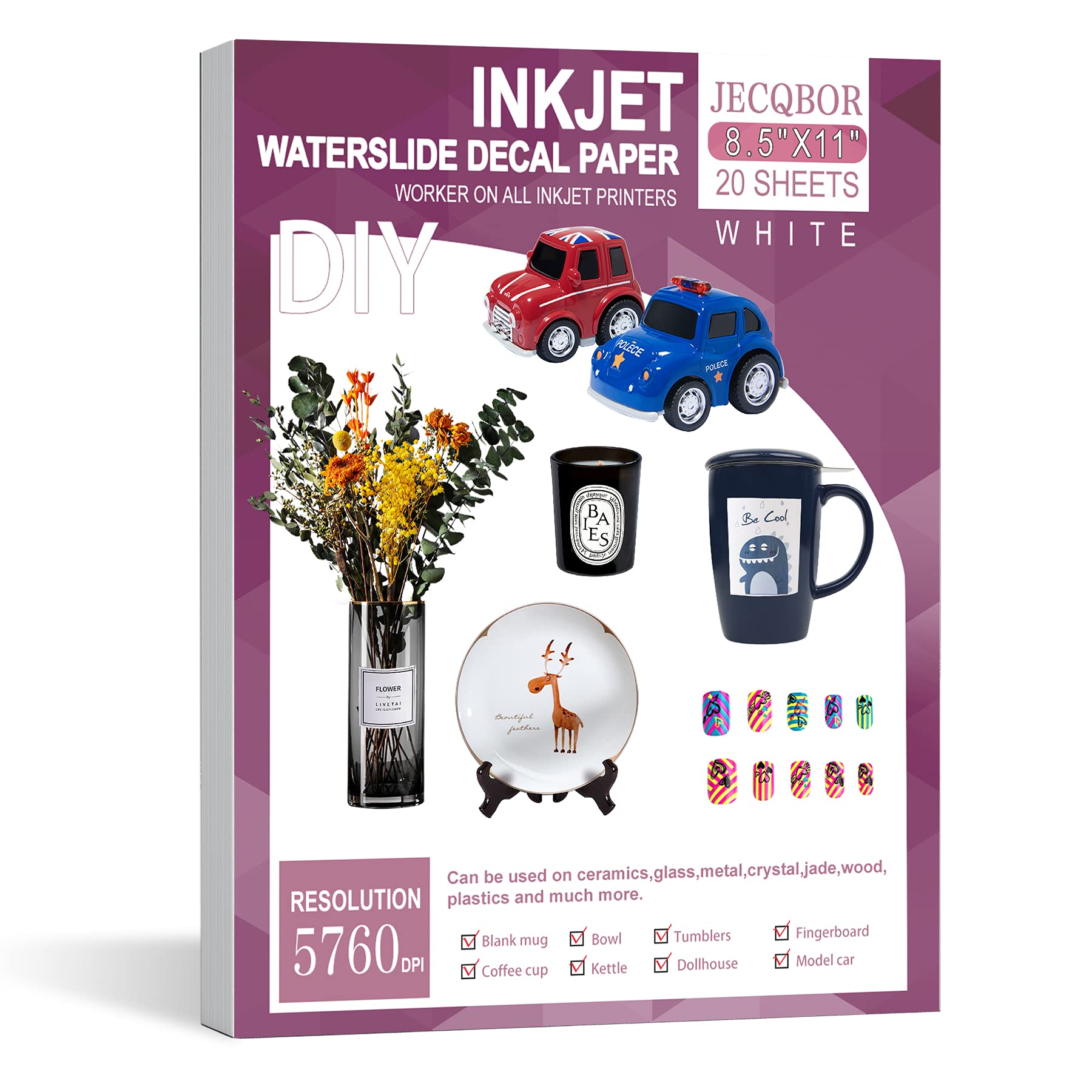 Photo 1 of 20 Sheets Waterslide Decal Paper INKJET WHITE for Dark and Light Colors, 8.5X11 Inch No Baking Water Slide Transfer Paper Printable for Tumblers,Ceramics,Plastics,Glasses,DIY