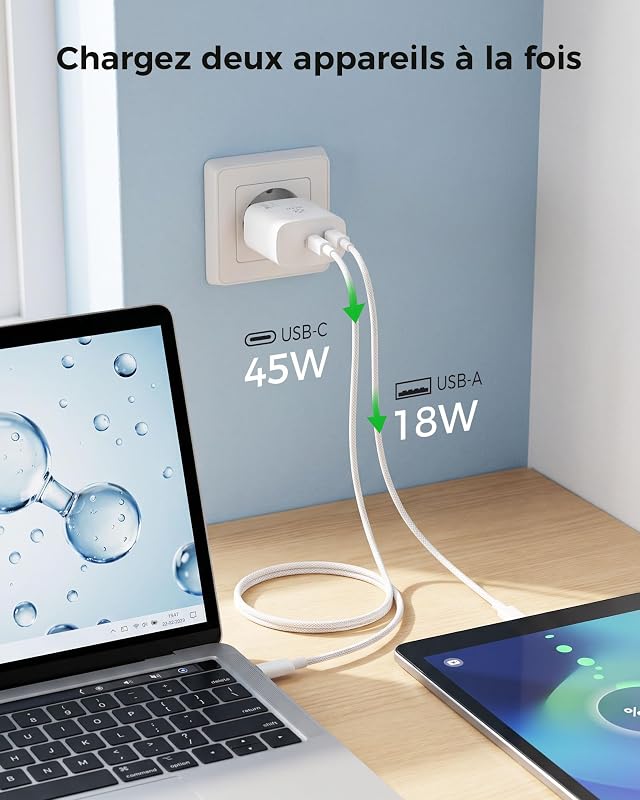 Cargador USB C 65W, Cargador Carga Rápida Doble Puerto Cargador iPhone — photo 4 sur 8
