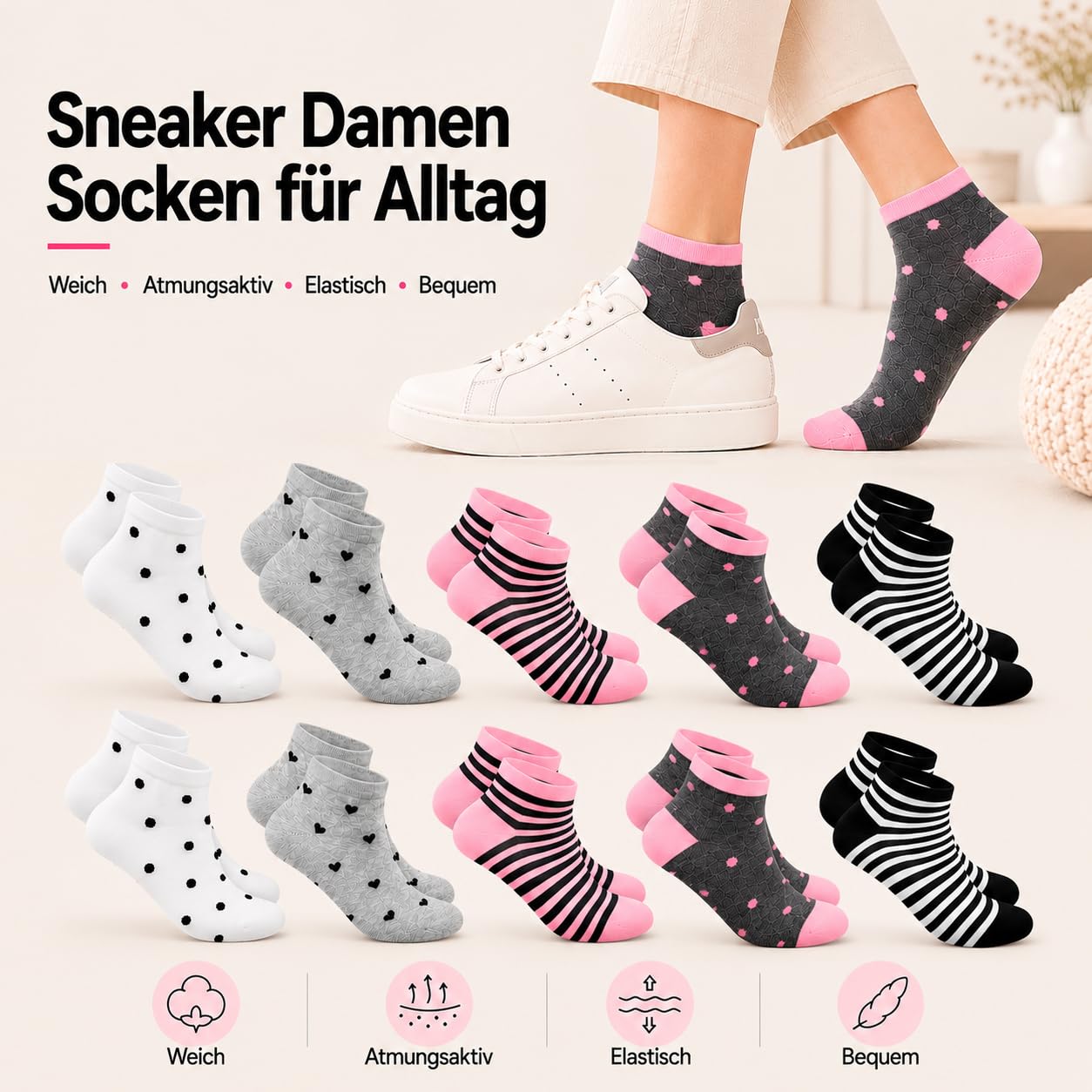 Soleeya 10 Paar Sneaker Socken Damen 39-42, Baumwolle Füßlinge Damen mit Streifen Punkte Herzen, Atmungsaktive Kurz Sportsocken Teen Mädchen Wandersocken Sommer Sneakersocken für Alltag 2
