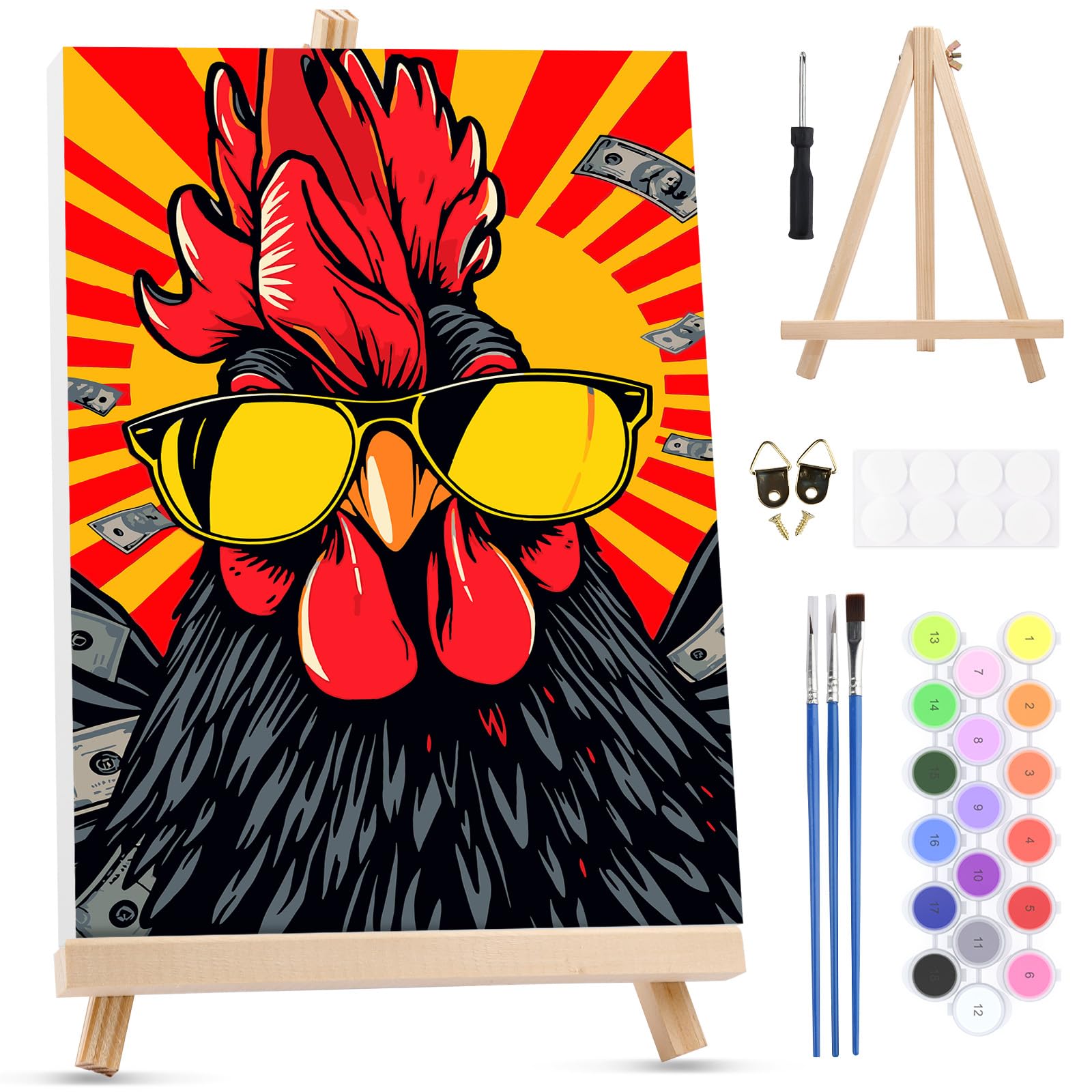 MXJSUA Banknotes Rooster Framed Paint by Numbers Kit for Adults Beginner with Wooden Easel, Adults' Paint-by-Numbers on Canvas, Easy DIY Acrylic Number Painting for Home Decor Gifts, 20x30cm