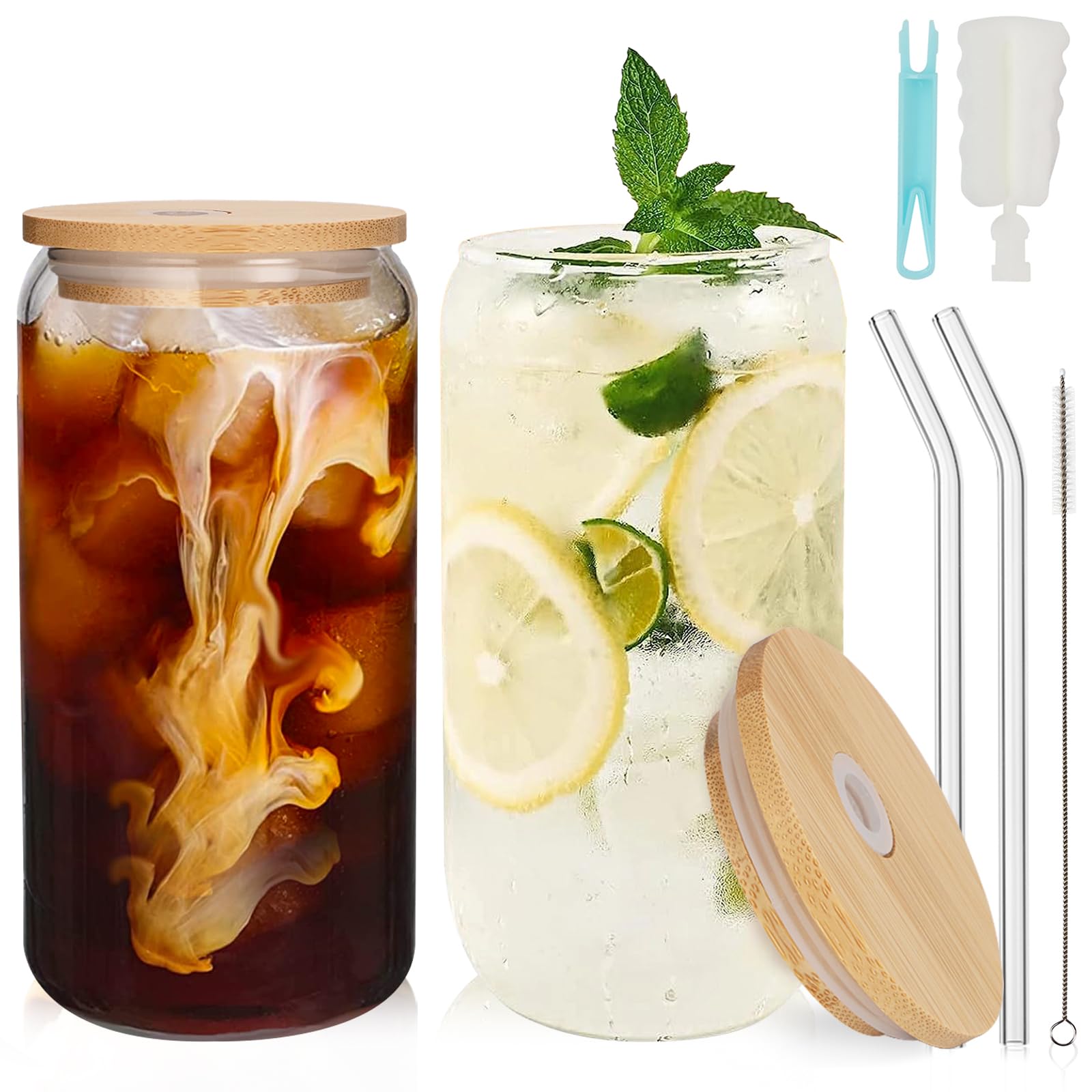 UHAPEER 2 Pack Can Shaped Glass Cup with Bamboo Lids & Glass Straw - 19oz/550ml Drinking Glasses Cup, Perfect for Iced Coffee, Beer, Cocktails, Juice, Milk, Tea,Whisky, Matcha, Coke, Soda & Water