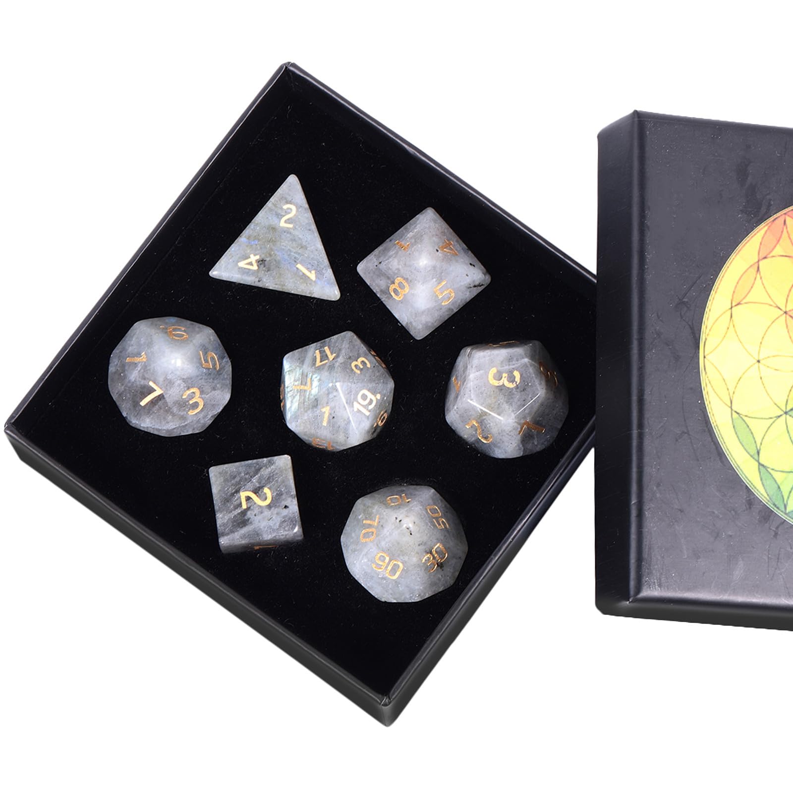 Nupuyai 7pcs Labradorite Crystal Polyhedral DND Dice Set for RPG MTG Table Games, Polished Tumbled Stones Dices with Box for Home Decor