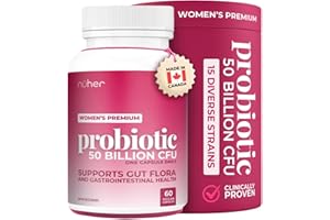 Nūher Women's Probiotic Supplement, 50 Billion CFU with 15 Diverse Strains. Supports Gut Health, Bloating Relief, Vaginal Hea