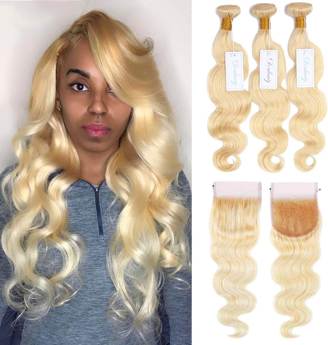 Dorabeauty #613 Blonde Human Hair Bundles 4×4 Lace Closure with 3 Bundles Body Wave Remy Human Hair Weave (20"Closure +24"26"28"Bundles inch)