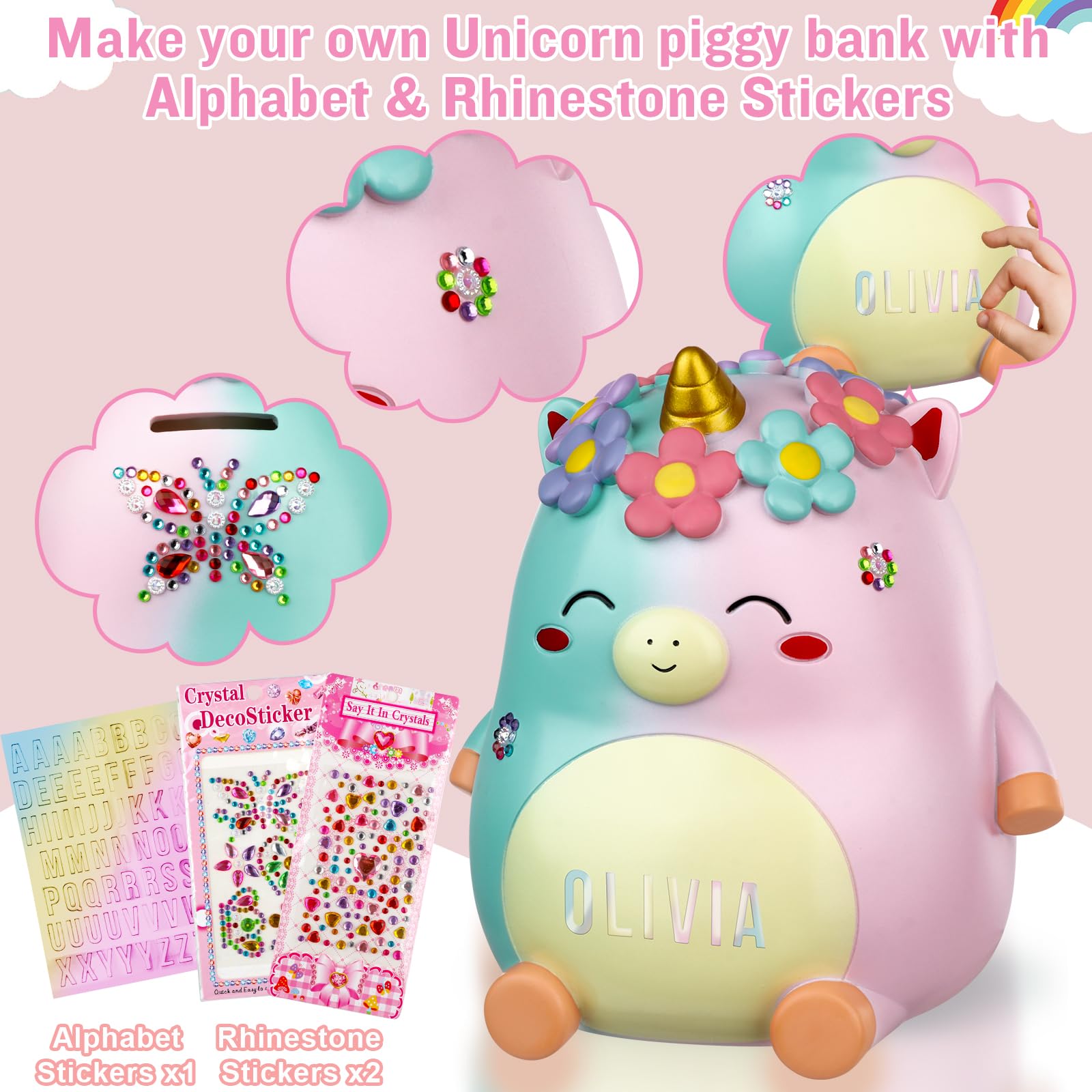 Unicorn Piggy Bank Girls – Cute Rainbow Kids Piggy Bank for Girls, Personalized Unbreakable Resin Coin Money Bank for Kids with Stickers for Toddlers… (Rainbow)