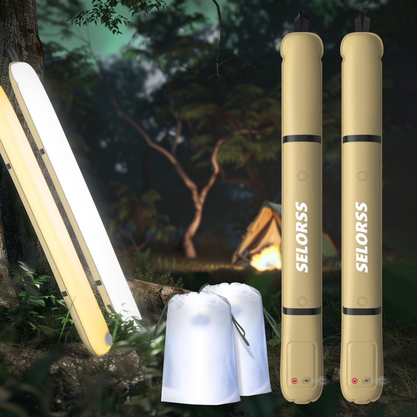 SELORSS Inflatable Camping Lights 33.86IN/86CM Foldable Outask Telescopic Lamp, Portable Outdoor 2000mAh LED Light IP66 Waterproof with Dimmable Bright for Camping, Travel, Festival - 2 Pack Kaki
