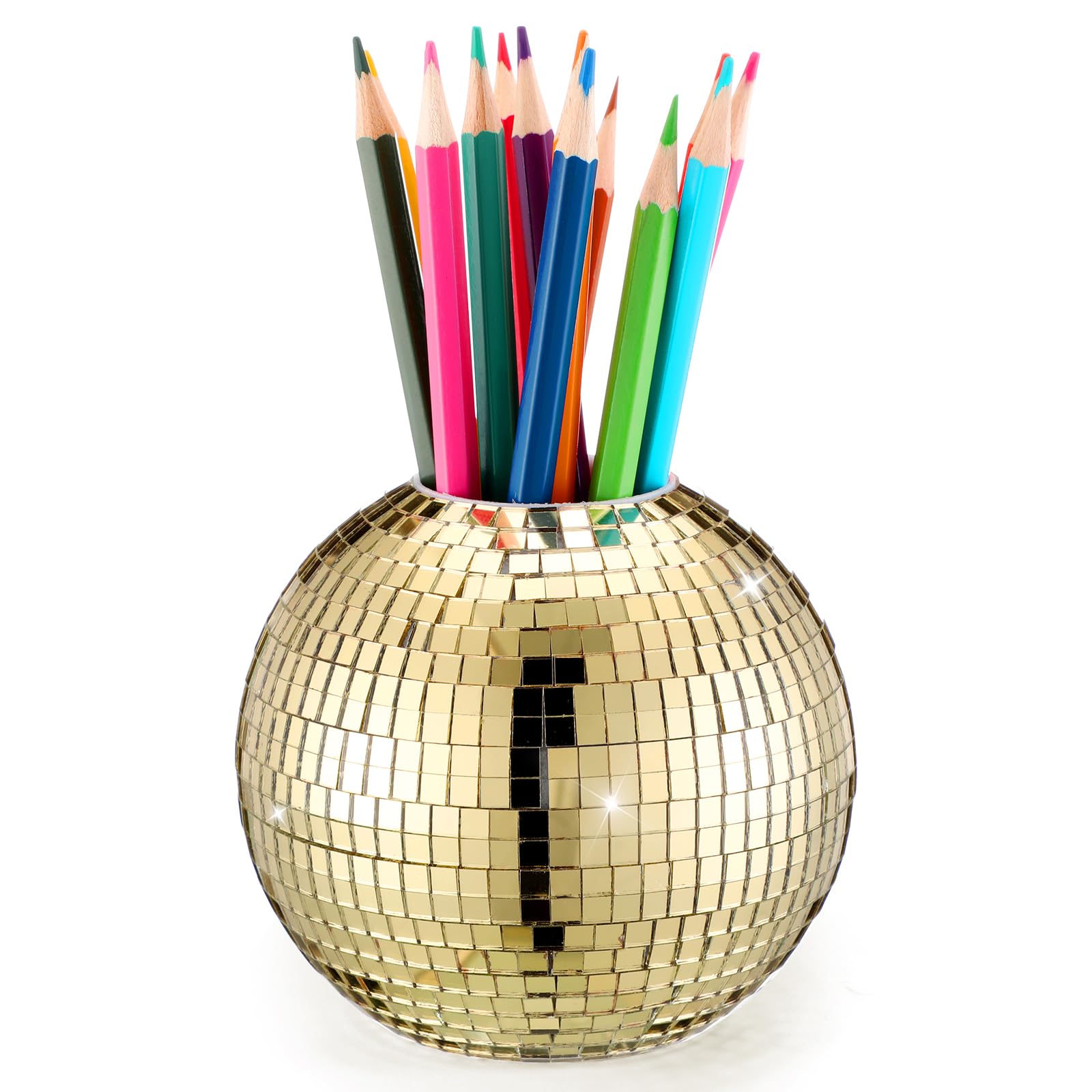 Photo 1 of Singhoow 4 Inch Disco Ball Pencil Pen Holder for Desk Accessories Sequin Plastic Makeup Brush Holder Organizer Multifunctional Pencil Cup Disco Flower Vase for Home Office Classroom Decor(Gold)