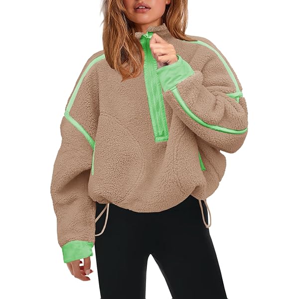 Women's Half Zip Sherpa Fleece Pullover - Oversized Fuzzy Sweater With Pockets, Brown, Small - View #4