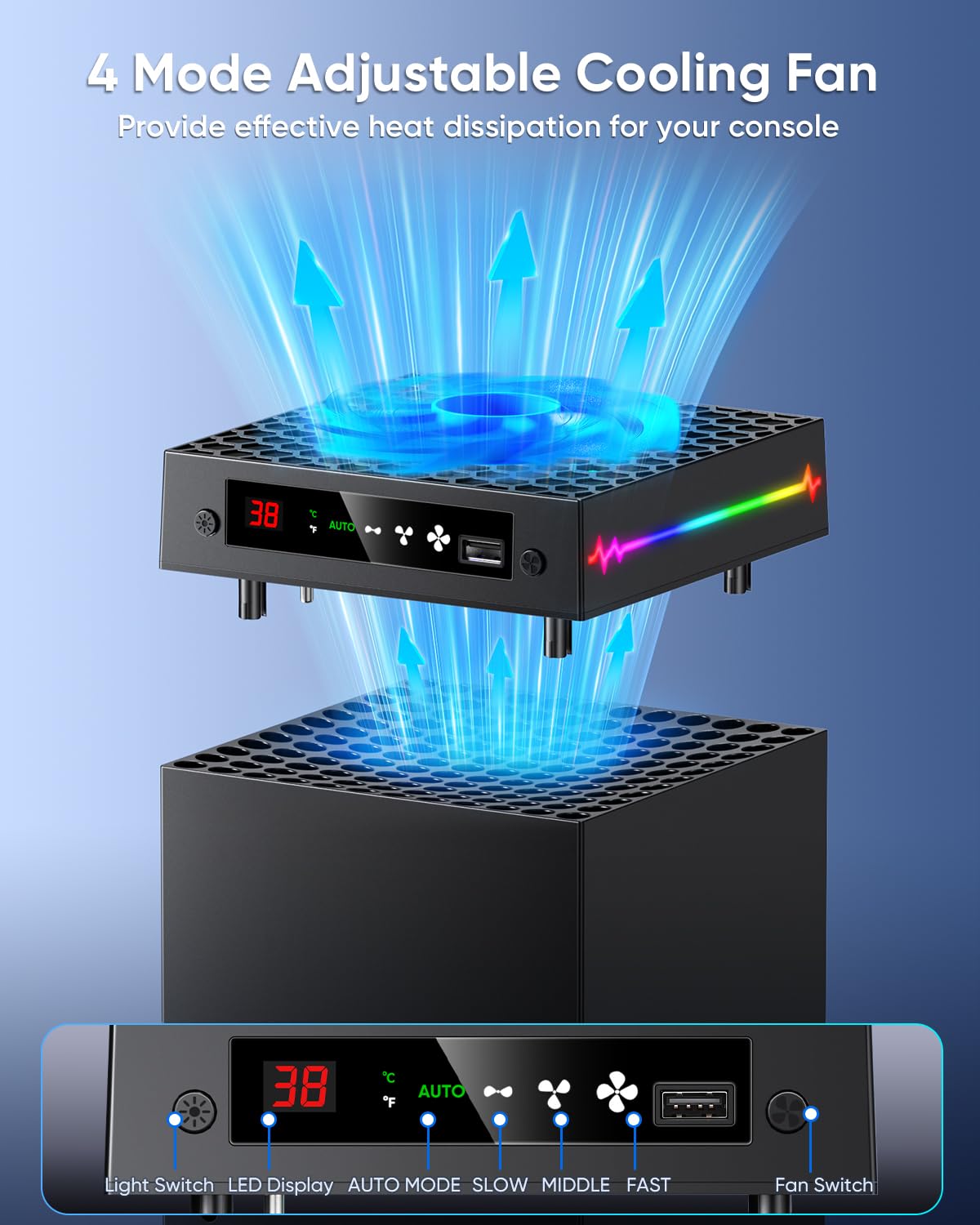 [LED Display] - Auto Cooling Fan for Xbox Series X with 9 RGB Light Modes, Cooling System Adjustable by Temperature with 4 Gears for Xbox Series X Console,Cooler & Light Switch,Headset Hook,USB Port