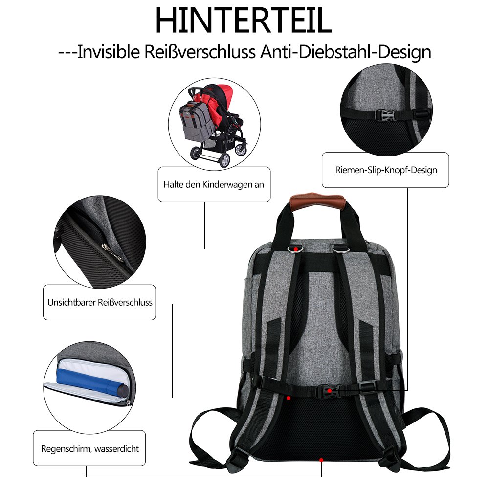 LUKATU Wickeltasche Rucksack, Organizer Multi-Funktions-wasserdichte Anti-Diebstahl-Reisetaschen für Mama / Papa mit Kinderwagen Straps, Wickelauflage & isolierte Taschen für Baby Care-große Kapazität, langlebig und stilvoll (grau)