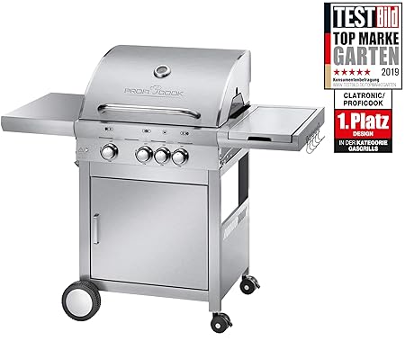 Profi Cook PC-GG 1058 Gasgrill, 3 Edelstahlbrenner + 1 zusätzliche Kochstelle, 3 Heizzonen für individ. Temperatursteuerung, 