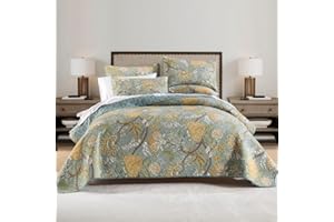 ENASAL Cotton Bedspread Quilt Sets Reversible Bedding Coverlet Sets Comforter, Vintage Floral Farmhouse Pastoral Turquoise Be