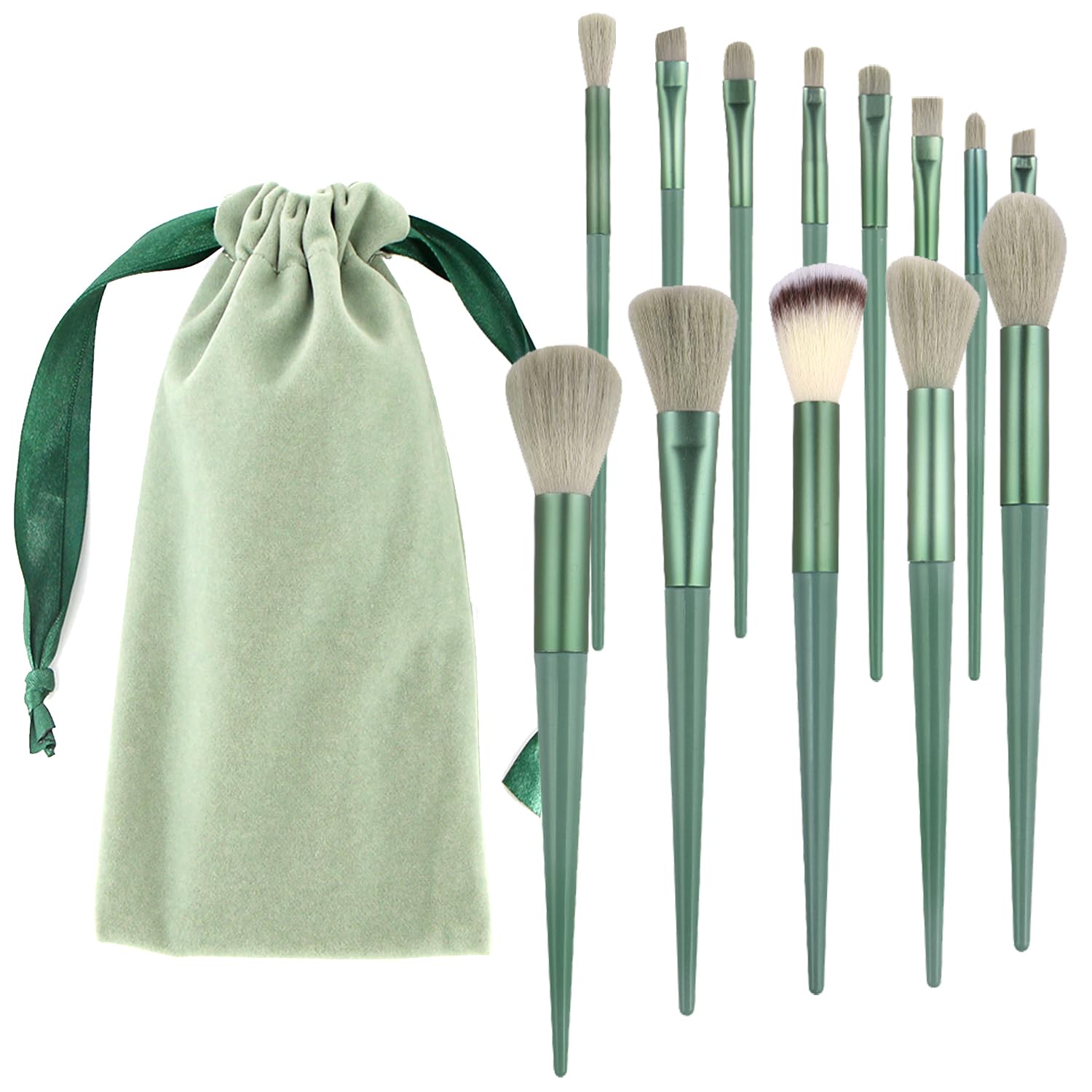 13Pcs Makeup Brushes Set, Premium Synthetic Bristles Green Color Kabuki Foundation Brush Face Lip Eye Makeup Brush Sets with Plush Bag (Cyan)