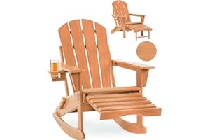 Serique Folding Adirondack Rocking Chair,4-in-1 Multifunctional Patio Chair with Retractable Ottoman, Outdoor Chair Wood Texture, Lawn Chair for Porch, Backyard, Pool(Teak)