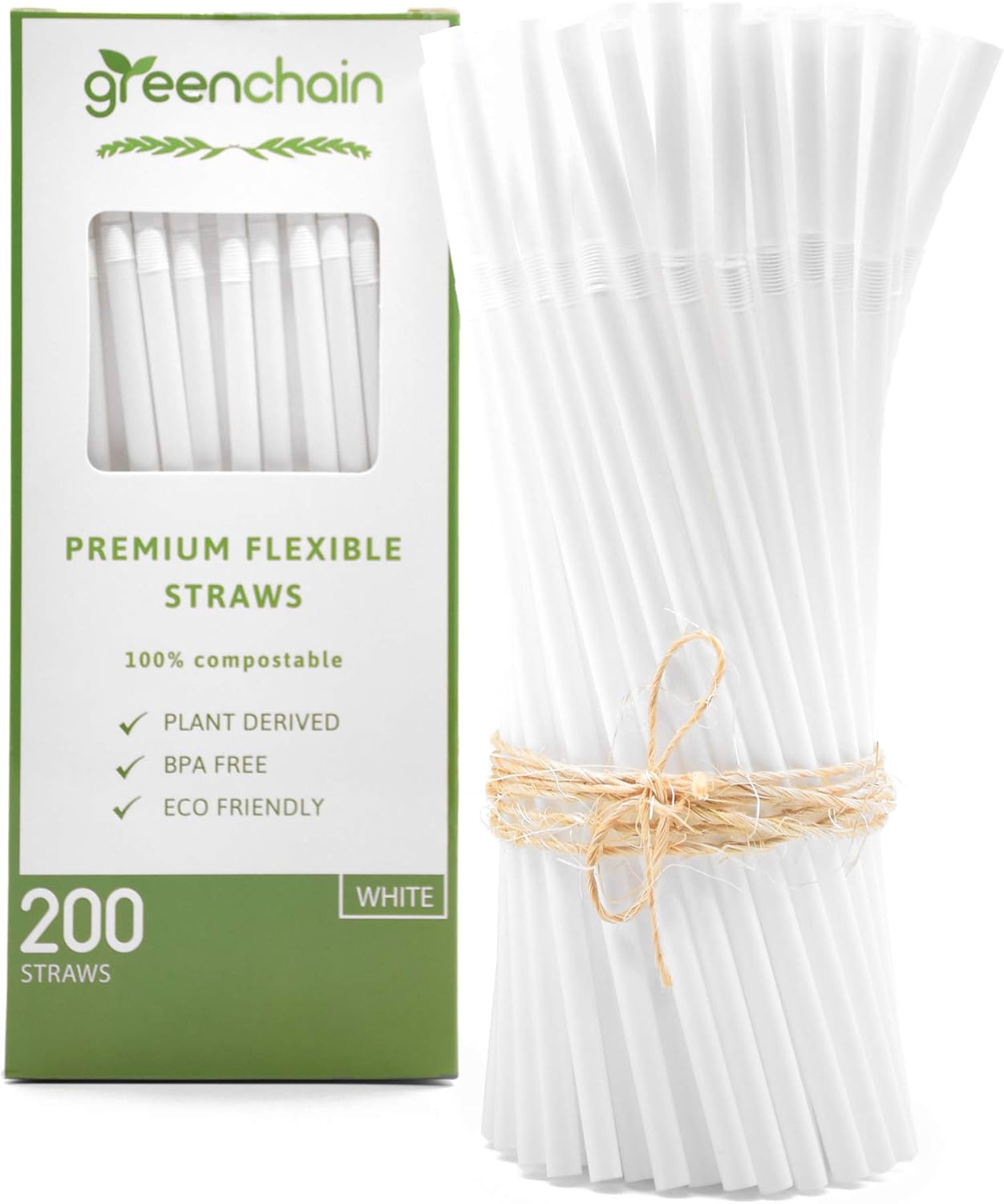 Greenchain Compostables, 250 Premium Plant Based Flexible Straws , 100% Compostable Party & Event Straws: Kitchen & Dining