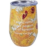 1st Heaven 14oz Wine Tumbler with Lid, Van Gogh Art Motivational Tumbler, Double Wall Insulated Stainless Steel Mug for Art Lovers (Sunflowers)