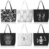 Bencailor 6 Pcs Halloween Canvas Tote Bags Reusable Gothic Skull Gift Bags | Black Halloween Tote Bags Bulk, Skeleton Canvas Bags with Handles, Grocery Shopping Handbags, for Women Trick or Treat Party