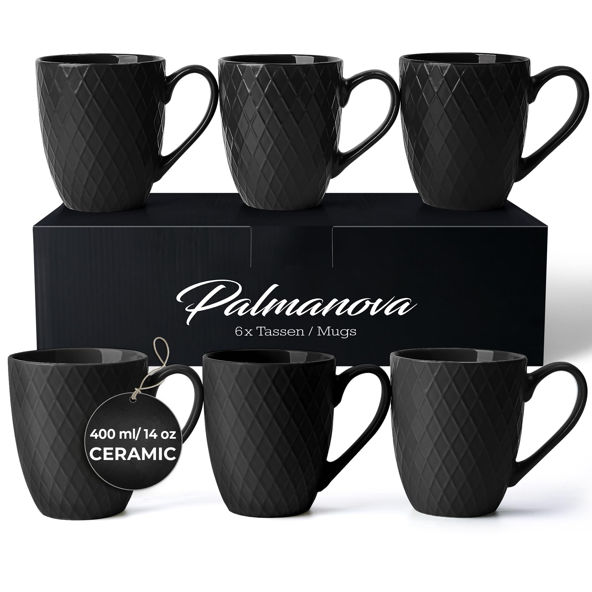 MIAMIO – 6 x 400 ml – Coffee Mug Set/Mug - Modern Ceramic Mug Matt - Coffee Mug Large - Palmanova Collection (Black)