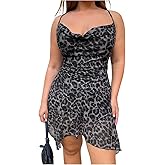 OYOANGLE Women's Plus Size Summer Casual Spaghetti Strap Sleeveless Asymmetrical Leopard Print Dress